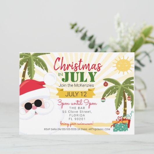 Kerstmis in juli uitnodiging, leuk zomerfeest kaart (Staand voorkant)