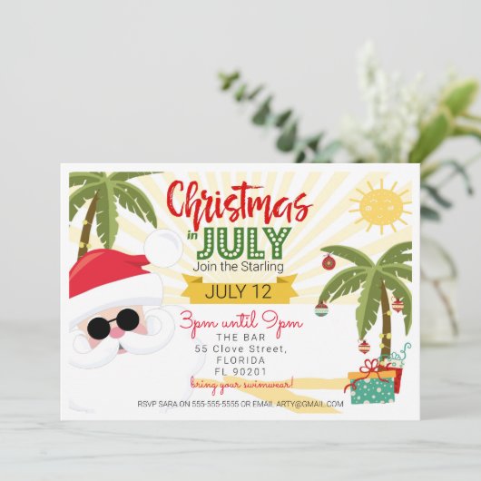 Kerstmis in juli uitnodiging, leuk zomerfeest kaart (Staand voorkant)