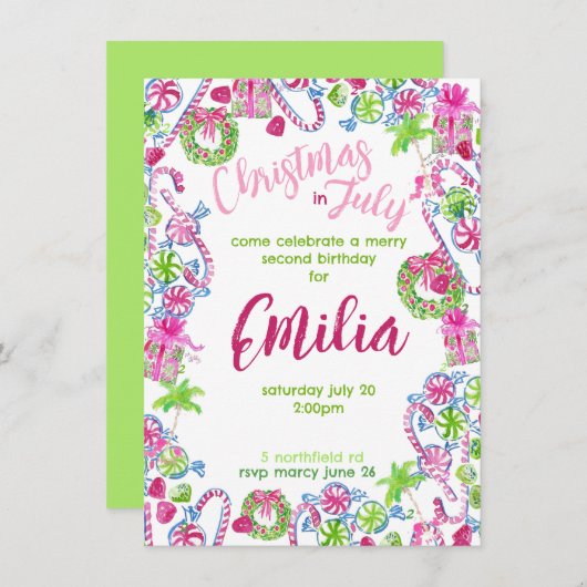 Kerstmis in juli Verjaardag Uitnodiging (Voorkant / Achterkant)