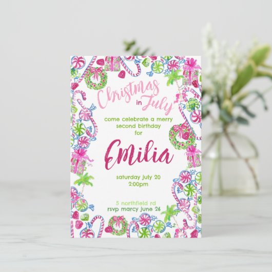 Kerstmis in juli Verjaardag Uitnodiging (Staand voorkant)