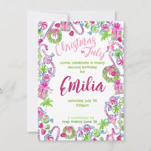 Kerstmis in juli Verjaardag Uitnodiging (Voorkant)
