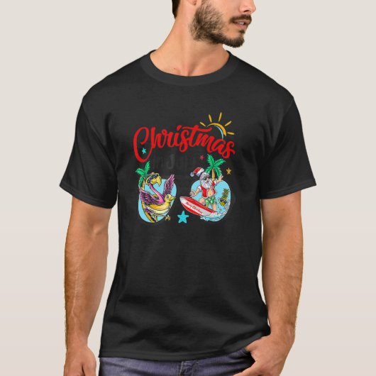 Kerstmis in juli Zonnebrillen Flamingo Santa Surfi T-shirt (Voorkant)