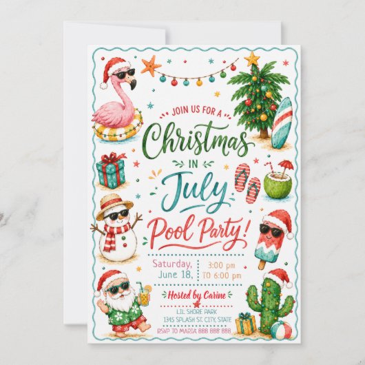 Kerstmis in juli zwembadfeest uitnodiging (Voorkant)