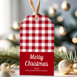 Kerstmis in landelijke rode geruite script cadeaulabel