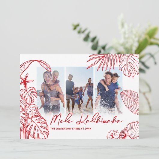 Kerstmis in Mele Kalikimaka Rood 3 Foto Feestdagenkaart (Staand voorkant)