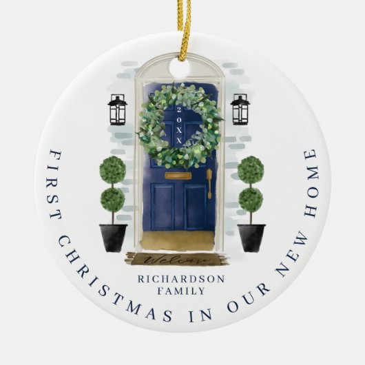 Kerstmis in New Home Waterverf Navy Dadem Keramisch Ornament (Voorkant)