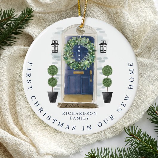 Kerstmis in New Home Waterverf Navy Dadem Keramisch Ornament