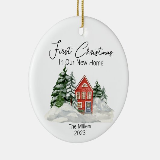 Kerstmis in onze nieuwe huis pijnbomen gepersonali keramisch ornament (Rechts)