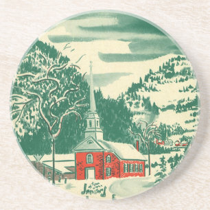 Kerstmis in oude kerk, besneeuwd winters landschap zandsteen onderzetter