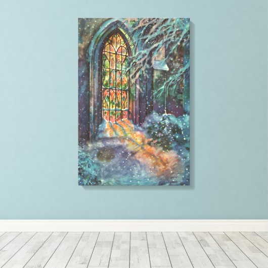 Kerstmis in oude kerk met glas-in-loodraam canvas afdruk (Insitu (Houten vloer))