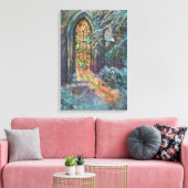Kerstmis in oude kerk met glas-in-loodraam canvas afdruk (Insitu (Woonkamer))