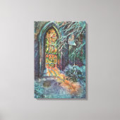 Kerstmis in oude kerk met glas-in-loodraam canvas afdruk (Voorkant)