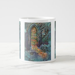 Kerstmis in oude kerk met glas-in-loodraam grote koffiekop