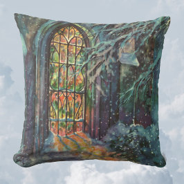Kerstmis in oude kerk met glas-in-loodraam kussen