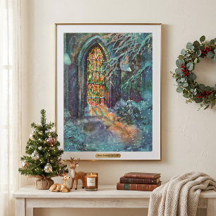 Kerstmis in oude kerk met glas-in-loodraam poster