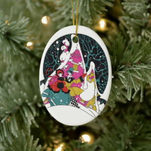 Kerstmis in oude stijl, fijn uitgedoste mensen in  keramisch ornament