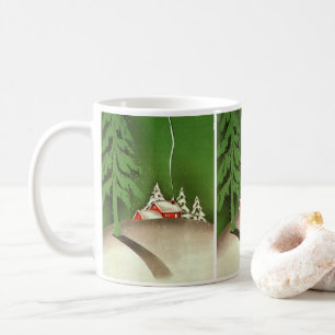 Kerstmis in oude stijl, huis in besneeuwd bos koffiemok