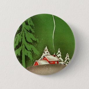 Kerstmis in oude stijl, huis in besneeuwd bos ronde button 5,7 cm