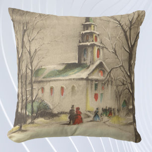 Kerstmis in oude stijl, kerk in winters landschap kussen