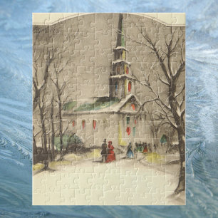 Kerstmis in oude stijl, kerk in winters landschap legpuzzel