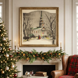 Kerstmis in oude stijl, kerk in winters landschap poster