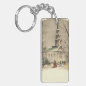Kerstmis in oude stijl, kerk in winters landschap sleutelhanger (Voorkant Links)