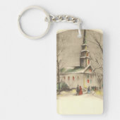 Kerstmis in oude stijl, kerk in winters landschap sleutelhanger (Voorkant)