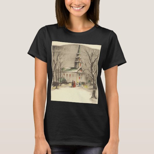 Kerstmis in oude stijl, kerk in winters landschap t-shirt (Voorkant)
