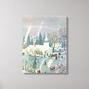 Kerstmis in oude stijl, mensen gaan naar de kerk i canvas afdruk