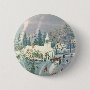 Kerstmis in oude stijl, mensen gaan naar de kerk i ronde button 5,7 cm