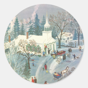 Kerstmis in oude stijl, mensen gaan naar de kerk i ronde sticker