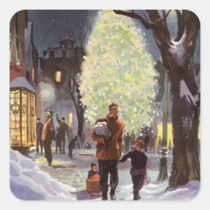 Kerstmis in oude stijl, vader die met de kinderen vierkante sticker