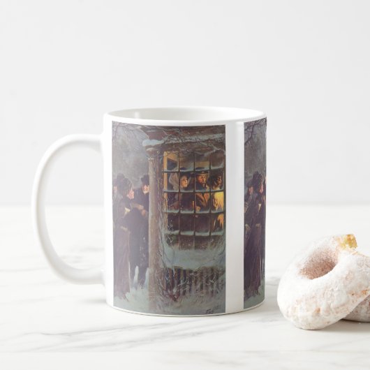 Kerstmis in oude stijl, Victoriaanse mensen op een Koffiemok (Met donut)