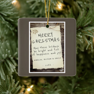 Kerstmis in ouderwetse houten schrift op oud papie keramisch ornament