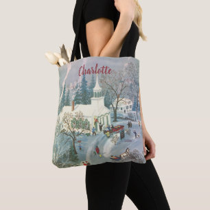 Kerstmis in ouderwetse stijl, mensen gaan naar de tote bag