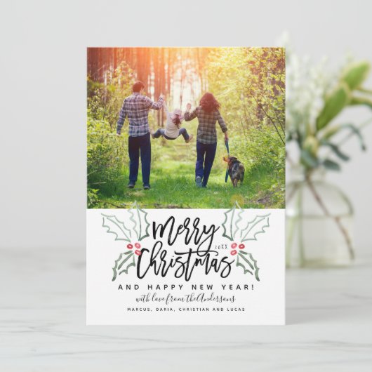 Kerstmis in Penseel Script Hollies Feestdagenkaart (Staand voorkant)