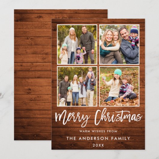 Kerstmis in penseelscript, bijtend hout 4 Foto Feestdagenkaart (Voorkant / Achterkant)