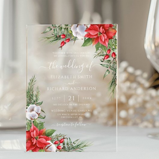 Kerstmis in Poinsettia Winter Greenery Wedding Acryl Uitnodigingen