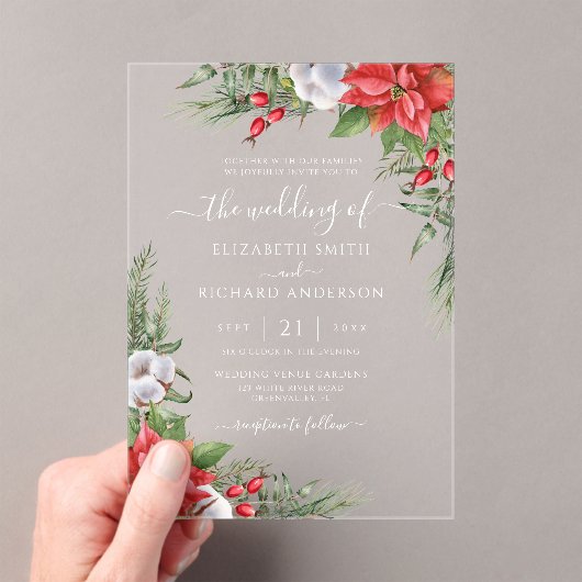 Kerstmis in Poinsettia Winter Greenery Wedding Acryl Uitnodigingen (Insitu (Draagbaar))