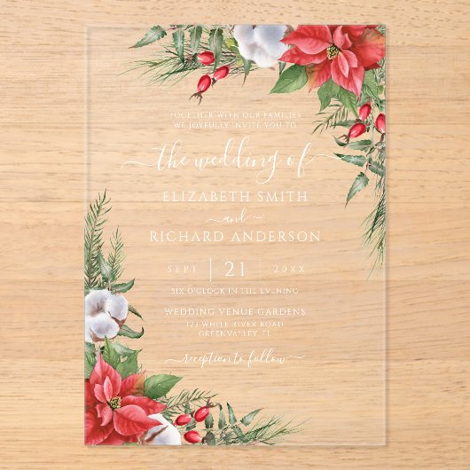 Kerstmis in Poinsettia Winter Greenery Wedding Acryl Uitnodigingen (Voorkant)