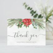Kerstmis in Poinsettia Winter Greenery Wedding Bedankkaart (Staand voorkant)