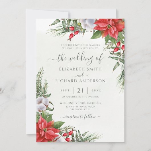 Kerstmis in Poinsettia Winter Greenery Wedding Kaart (Voorkant)