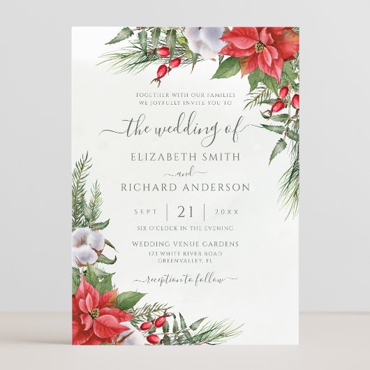 Kerstmis in Poinsettia Winter Greenery Wedding Kaart