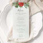 Kerstmis in Poinsettia Winter Greenery Wedding Menu<br><div class="desc">Mooie trouwmenu-kaarten met handbeschilderde botanische waterverf illustraties van poinsettia-bloemen,  wintergroen,  hout- en spruitmokken en holly-bessen. Ideale keuze voor kerstbruiloften.</div>