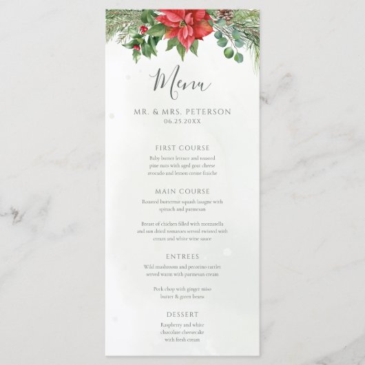 Kerstmis in Poinsettia Winter Greenery Wedding Menu (Voorkant)