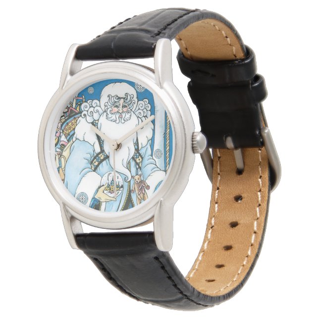 Kerstmis in retro-stijl, Blauwe Kerstman met sneeu Horloge (Gekanteld)