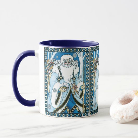 Kerstmis in retro-stijl, Blauwe Kerstman met sneeu Mok (Met donut)