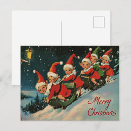 Kerstmis in Retro Stijl: Elfen op een slee Feestdagenkaart