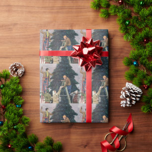 Kerstmis in retro-stijl, Familie die lichtjes aan  Cadeaupapier