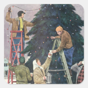 Kerstmis in retro-stijl, familie die lichtjes aan vierkante sticker